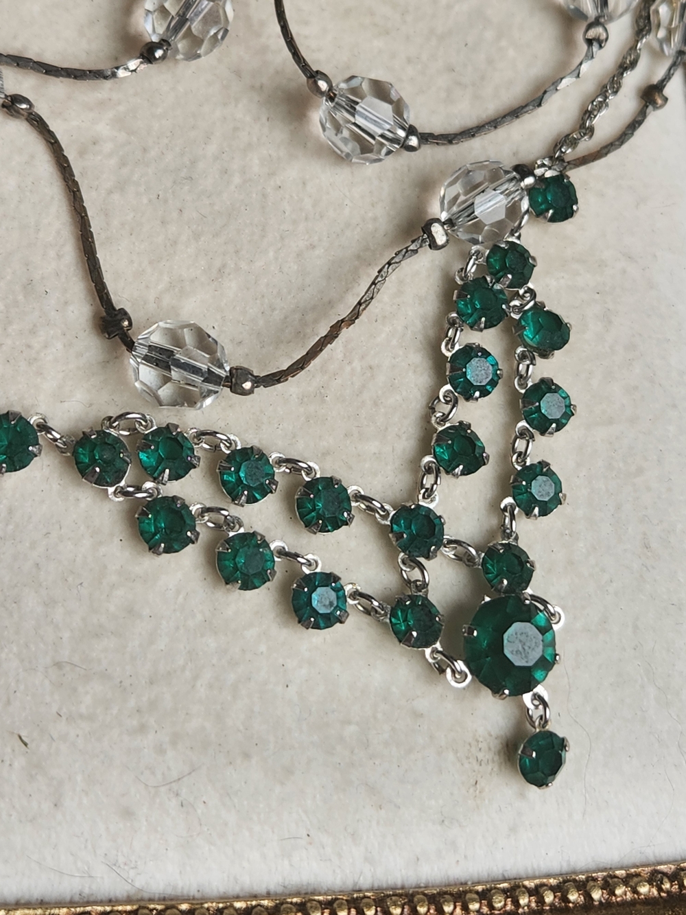 VTG Silver & Emerald Green Rhinestone Bib Necklace Coquette Layering Boho - Picture 2 of 10